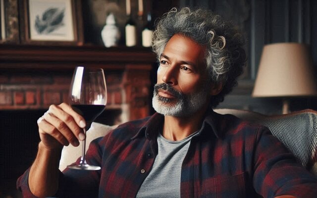 un homme qui regarde son verre de vin